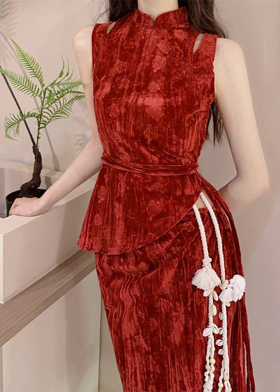 Silm Fit Orange Red Asymmetrical Cinched Velvet Three Pieces Set Spring