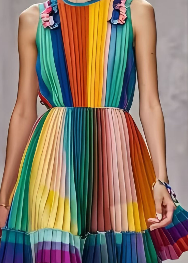 Silm Fit Rainbow Cold Shoulder Tie Dye Chiffon Pleated Dress Summer