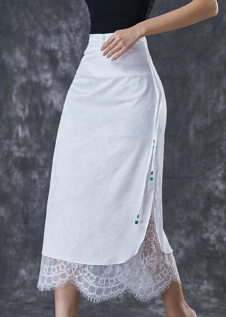 Silm Fit White Tasseled Lace Patchwork Cotton Wraped Skirt Fall