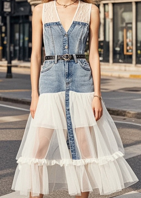 Silm Fit White V Neck Patchwork Denim Tulle Vacation Dresses Sleeveless