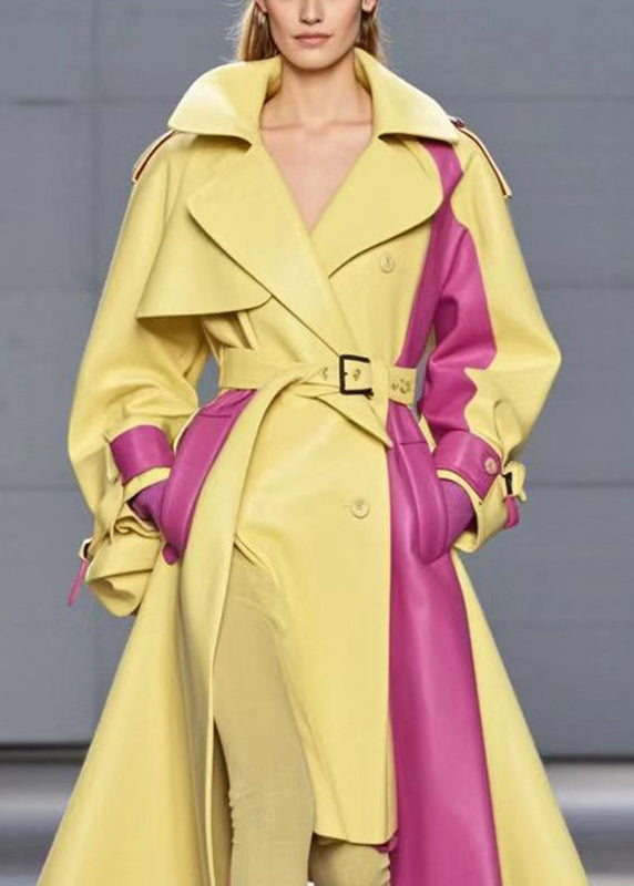 Silm Fit Yellow Asymmetrical Patchwork Faux Leather Trench Coats Fall