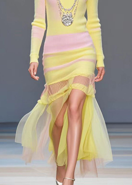 Silm Fit Yellow Patchwork Tulle Long Knit Dress Side Open Fall