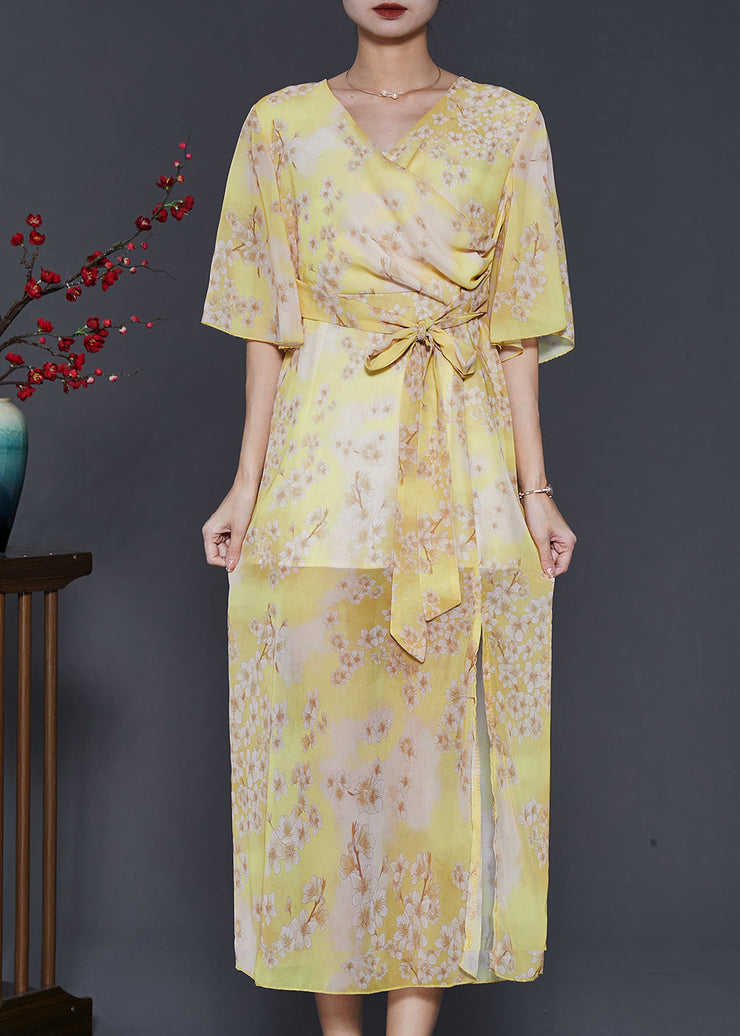 Silm Fit Yellow Print Side Open Chiffon Holiday Dresses Summer