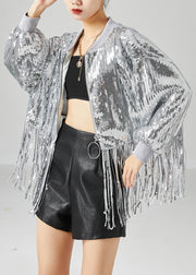 Silver Sequins Patchwork Coats Oversized Tasseled Summer