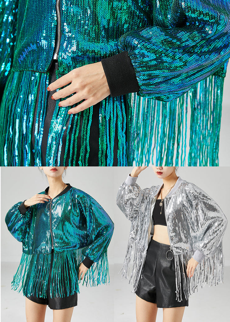 Silver Sequins Patchwork Coats Oversized Tasseled Summer