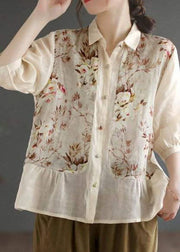 Simple Apricot Peter Pan Collar Print Linen Blouse Top Summer