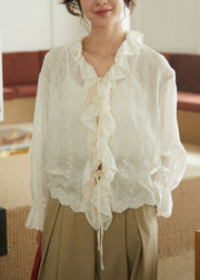 Simple Apricot Ruffled Lace Patchwork Embroideried Tie Waist Shirts Long Sleeve