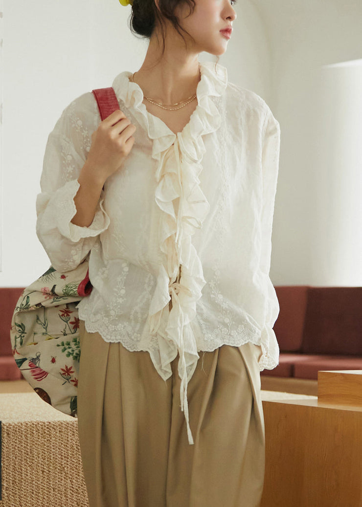 Simple Apricot Ruffled Lace Patchwork Embroideried Tie Waist Shirts Long Sleeve