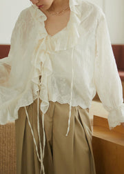 Simple Apricot Ruffled Lace Patchwork Embroideried Tie Waist Shirts Long Sleeve