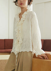 Simple Apricot Ruffled Lace Patchwork Embroideried Tie Waist Shirts Long Sleeve