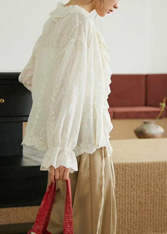 Simple Apricot Ruffled Lace Patchwork Embroideried Tie Waist Shirts Long Sleeve