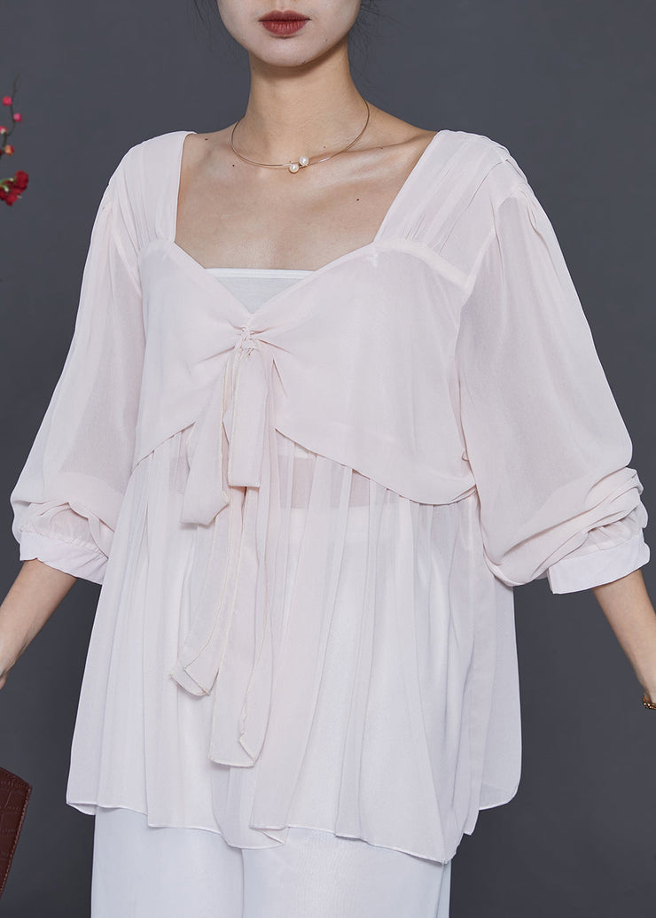 Simple Apricot Square Collar Chiffon Blouses Spring