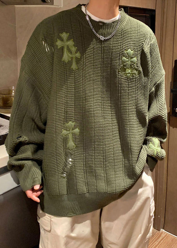 Simple Army Green Embroideried Hollow Out Knit Mens Sweaters Winter