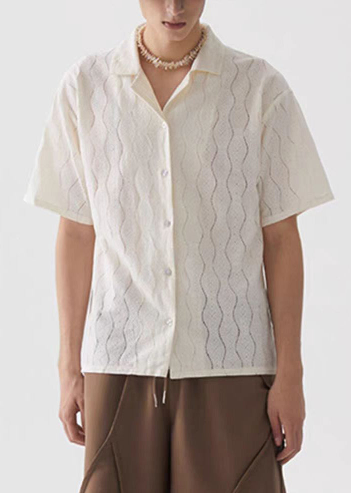 Simple Beige Button Solid Mens Shirts Short Sleeve