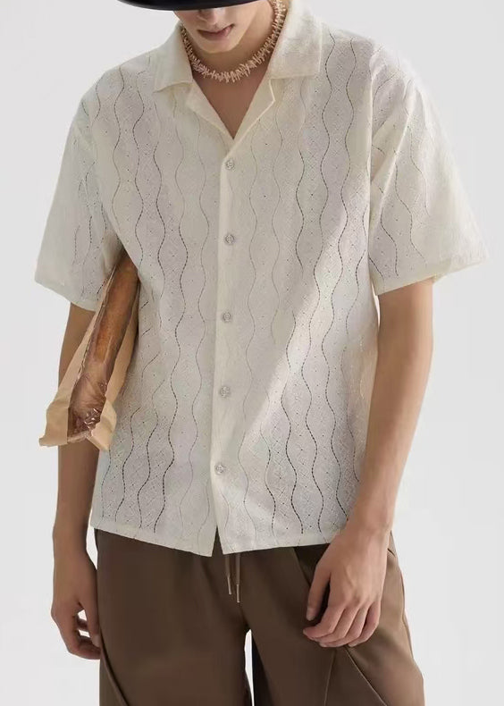 Simple Beige Button Solid Mens Shirts Short Sleeve