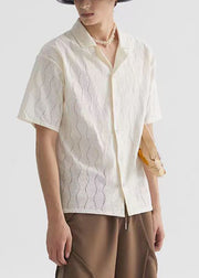 Simple Beige Button Solid Mens Shirts Short Sleeve