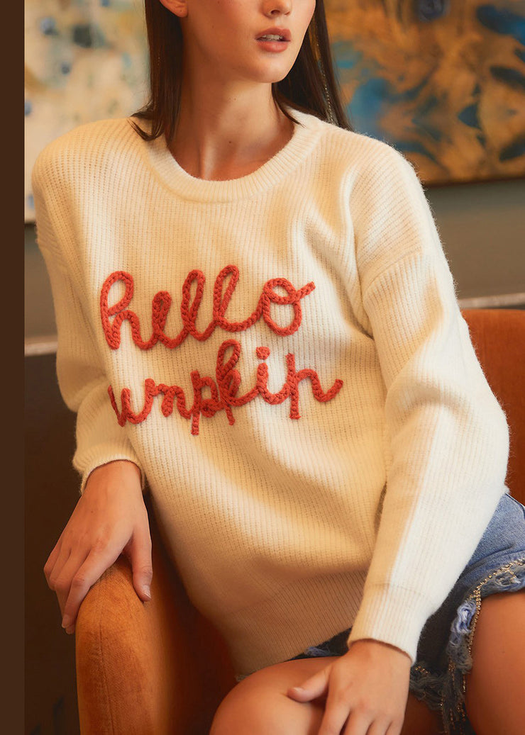 Simple Beige Letter Hollow Out Cozy Knit Sweaters Fall