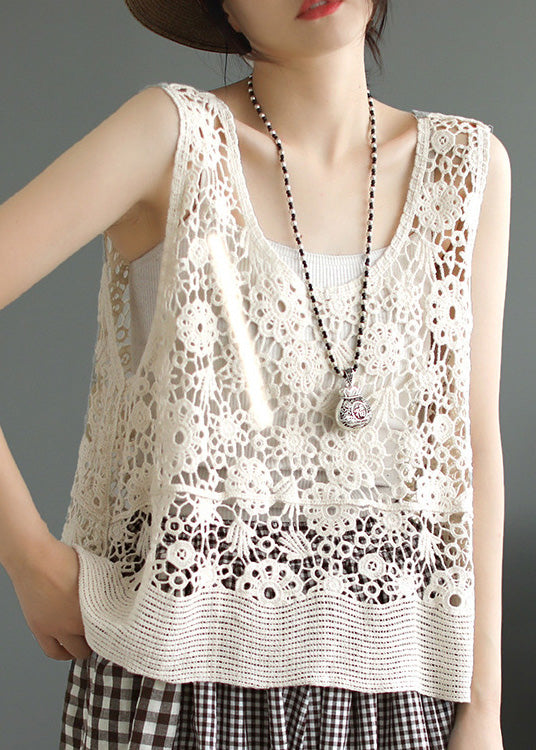 Simple Beige O-Neck Patchwork Cotton Vest Sleeveless