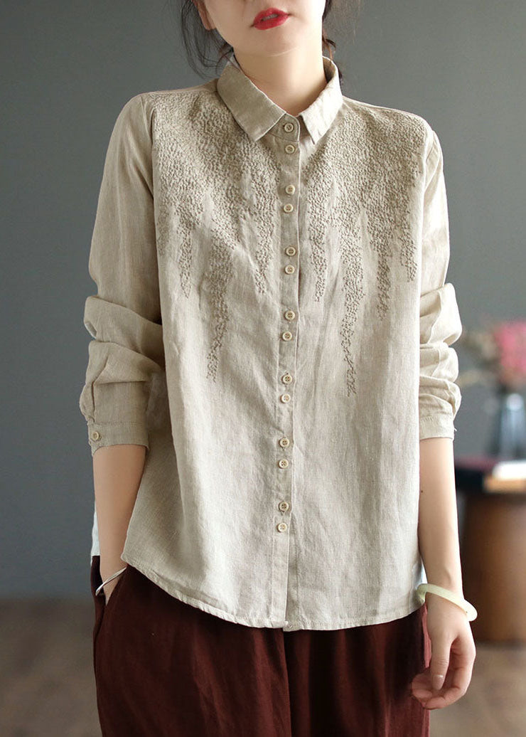 Simple Beige Peter Pan Collar Embroideried Linen Shirts Spring