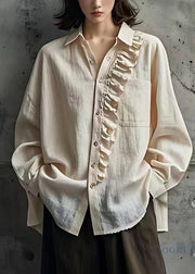 Simple Beige Ruffled Patchwork Button Tops Fall