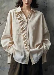 Simple Beige Ruffled Patchwork Button Tops Fall