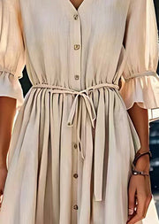 Simple Beige V Neck Lace Up Button Patchwork Cotton Dress Summer