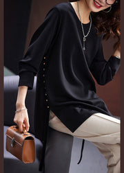 Simple Black  Zircon Side Open Cotton T Shirt Spring