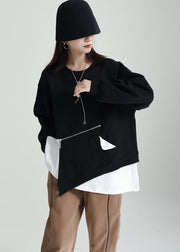 Simple Black Asymmetrical Zippered Patchwork Warm Fleece Top Winter