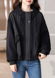 Simple Black Drawstring Patchwork Cotton Hoodies Outwear Winter