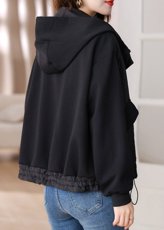 Simple Black Drawstring Patchwork Cotton Hoodies Outwear Winter