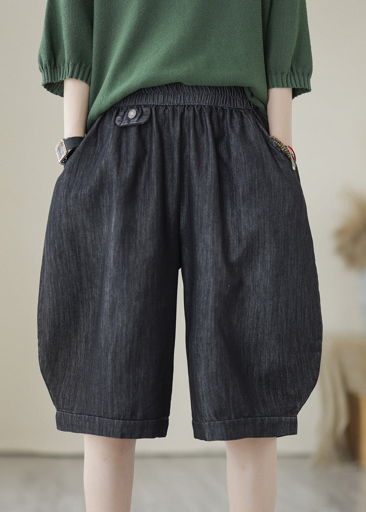 Simple Black Elastic Waist Pockets Solid Cotton Shorts Summer