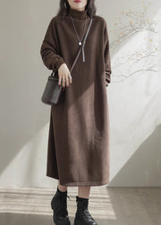 Simple Black Hign Neck Pockets Warm Fleece Long Dress Winter