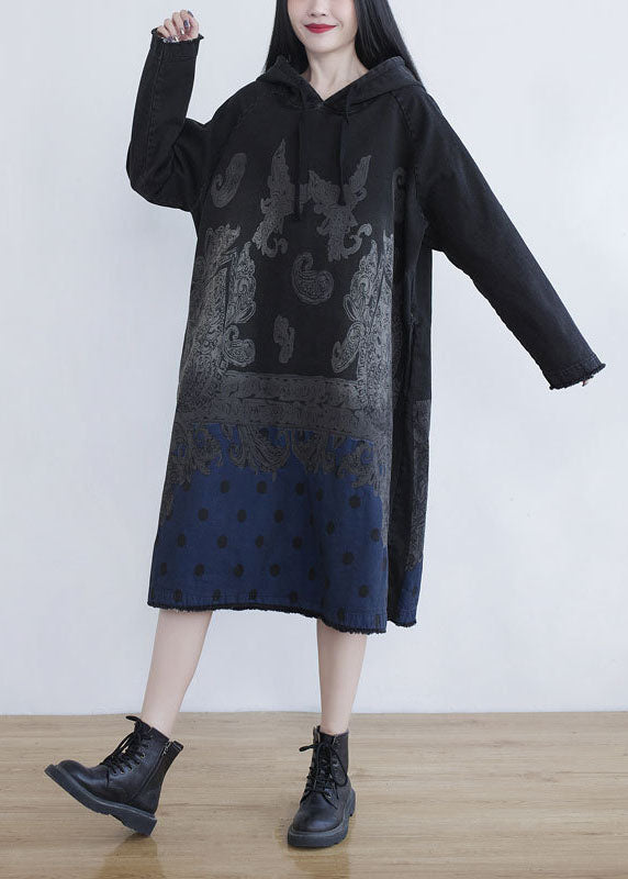 Simple Black Hooded Patchwork Print Cotton Dress Spring