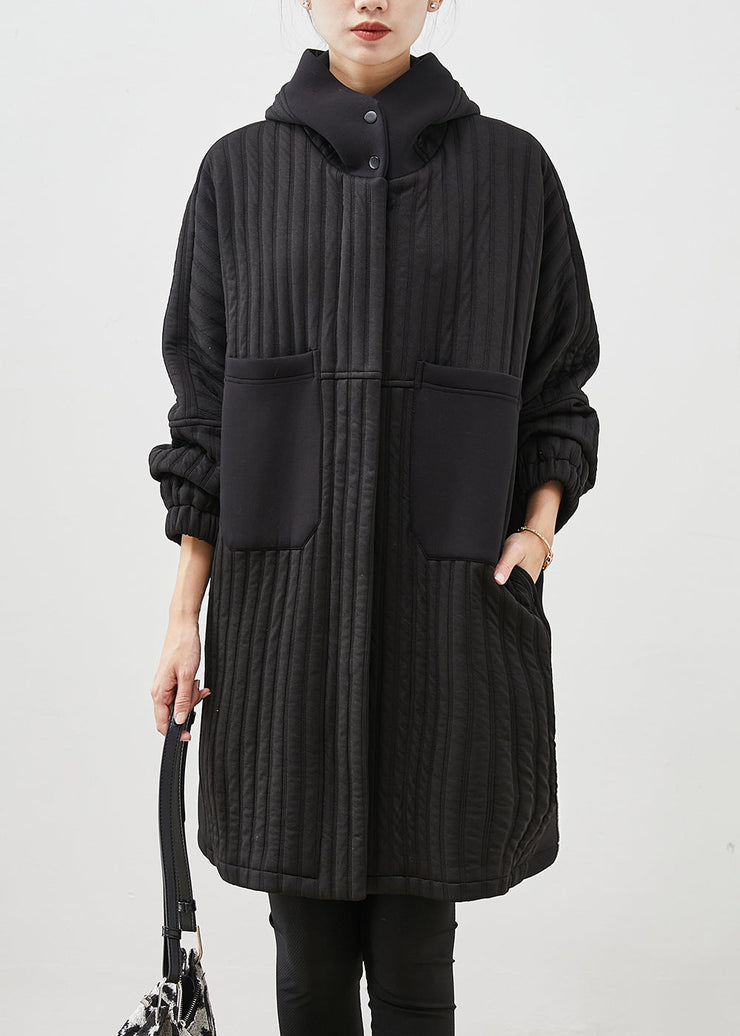 Simple Black Hooded Pockets Fine Cotton Filled Trench Spring