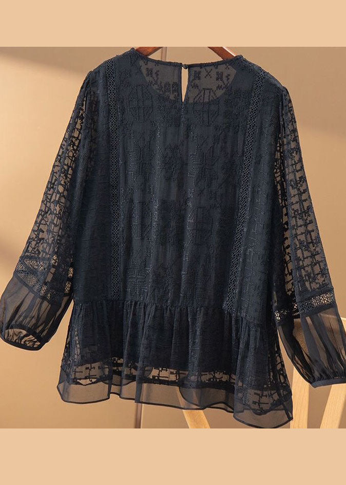 Simple Black O-Neck Embroideried Patchwork Ruffled Large Hem Silk Top Long Sleeve