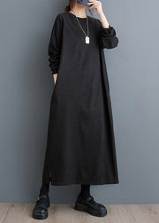 Simple Black O Neck Plus Size Cotton Long Dress Fall