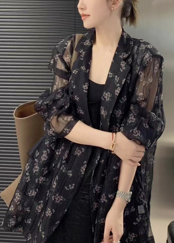 Simple Black Oversized Print Chiffon UPF 50+ Coat Jacket Spring