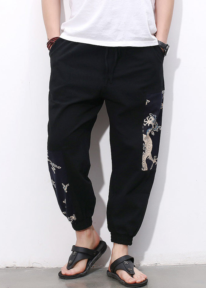 Simple Black Print Pockets Cotton Mens Crop Pants Summer