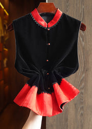 Simple Black Stand Collar Button Patchwork Silk Velour Waistcoat Fall