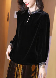 Simple Black Stand Collar Embroideried Silk Velour Top Spring