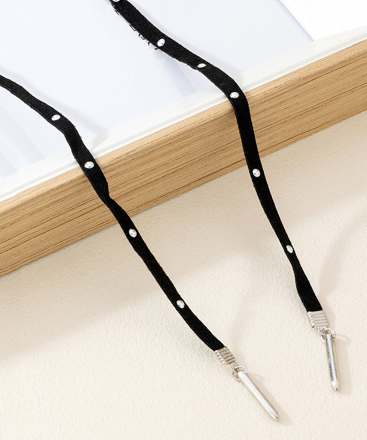 Simple Black Sterling Silver Faux Suede Zircon Ribbon Choker