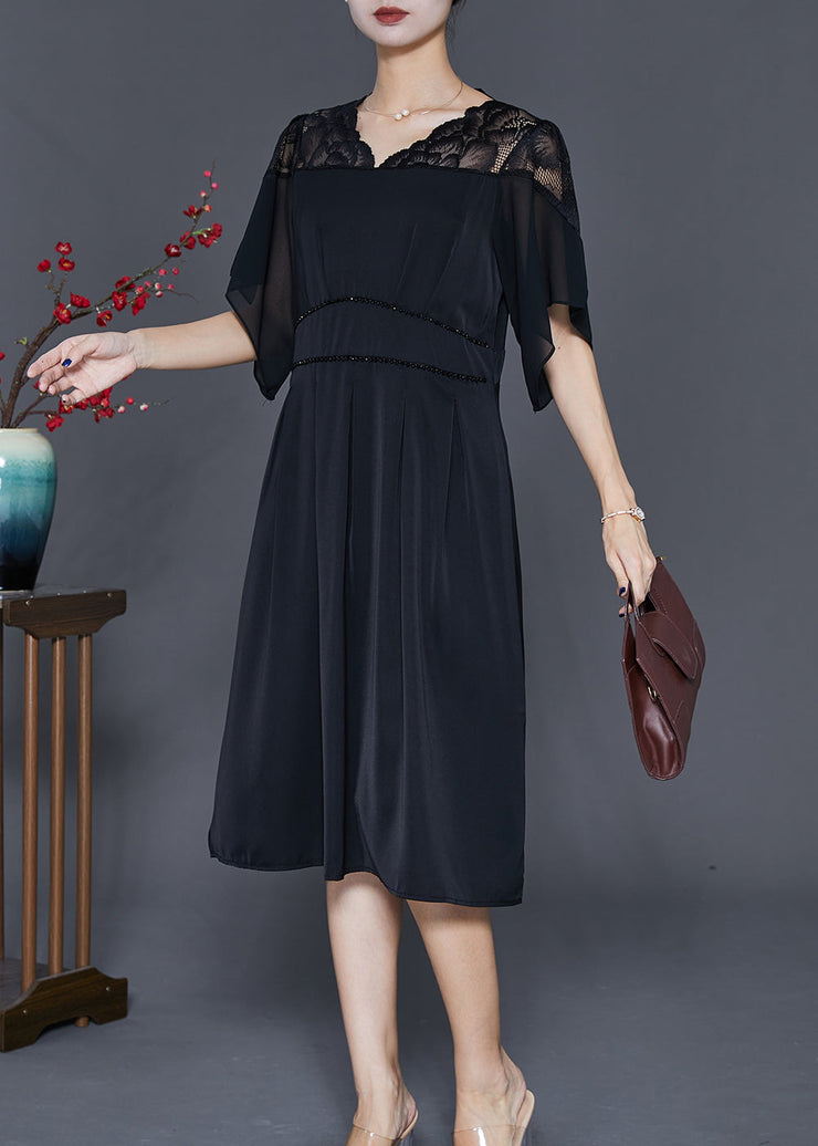 Simple Black V Neck Patchwork Chiffon Vacation Dresses Summer