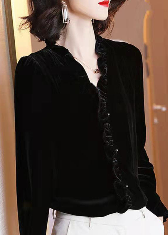 Simple Black V Neck Solid Ruffled Velour Top Long Sleeve