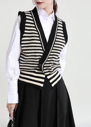 Simple Black V Neck Striped Knit Vests Winter