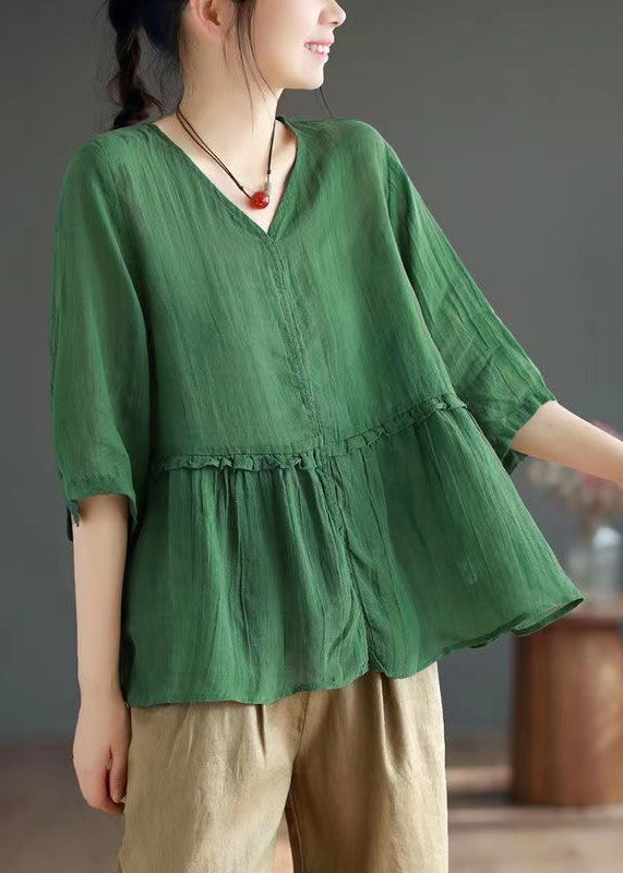 Simple Black V Neck Wrinkled Patchwork Linen Blouse Top Summer