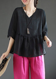 Simple Black V Neck Wrinkled Patchwork Linen Blouse Top Summer