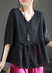 Simple Black V Neck Wrinkled Patchwork Linen Blouse Top Summer