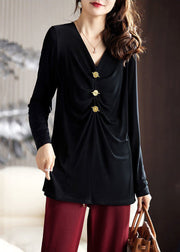 Simple Black V Neck Wrinkled Silk Velour Blouses Spring