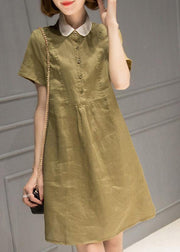 Simple Blackish Green Peter Pan Collar Button Linen Mid Dress Short Sleeve