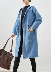 Simple Blue Cinched Hooded Pockets Denim Trench Fall